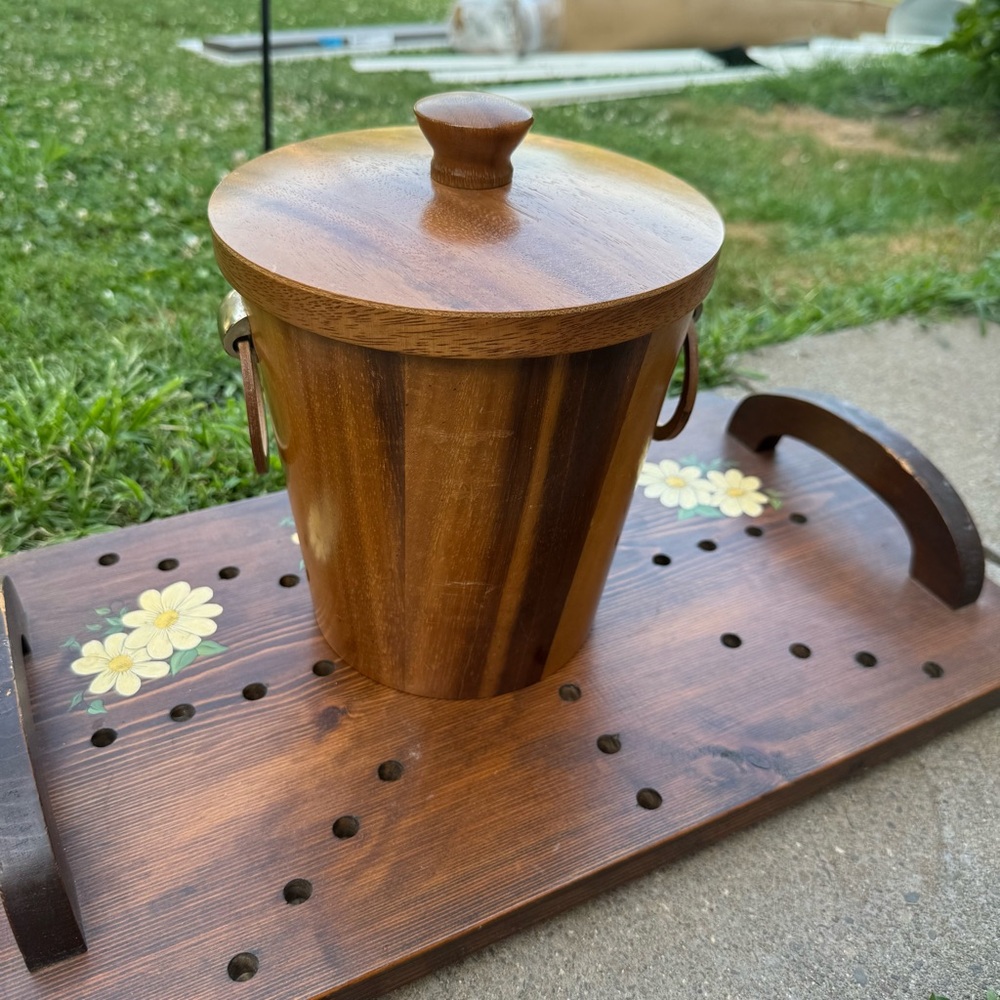 Vintage MCM Wood Ice Bucket Handled Aluminum Lined with Lid Barware